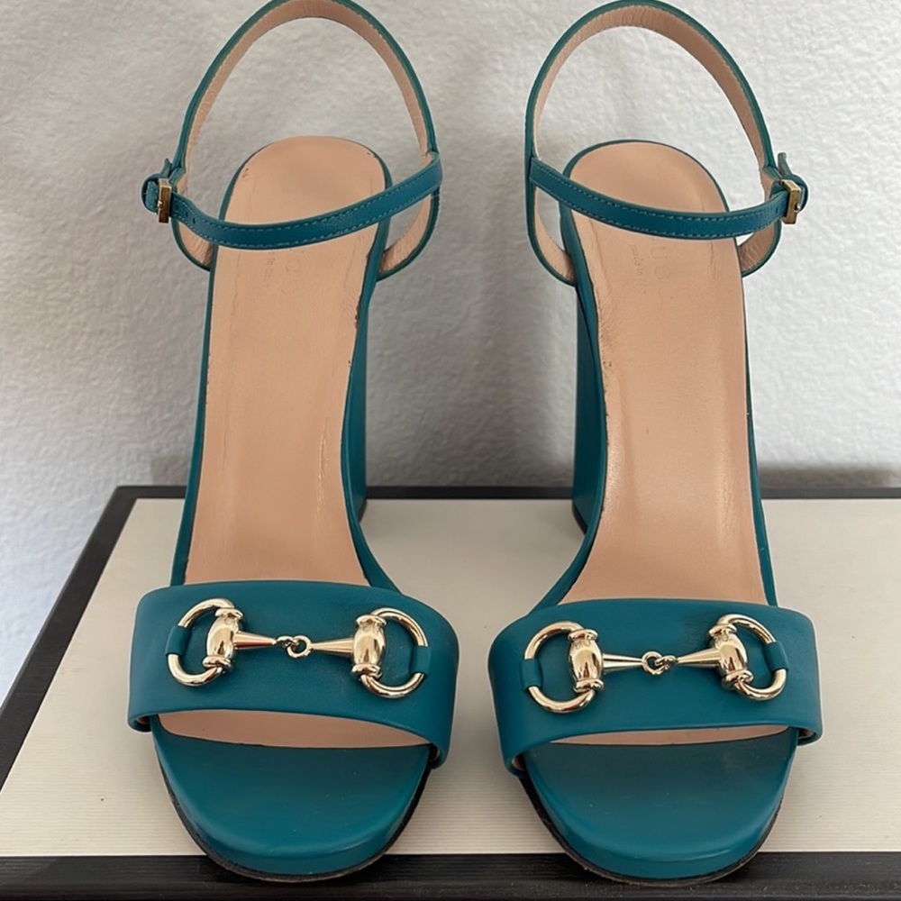 GUCCI Horsebit Block Heel Ankle Strap Deep Cobalt Blue size 38 1/2